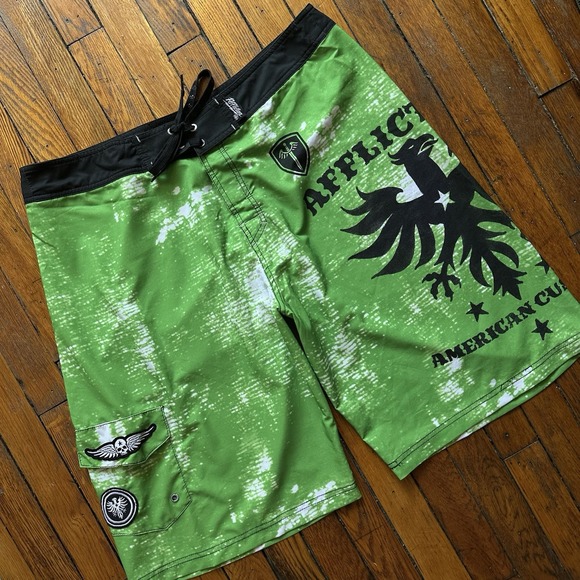 Affliction Board Shorts Mens 38 Green Black MMA Fighting Patches American Custom - Picture 2 of 9
